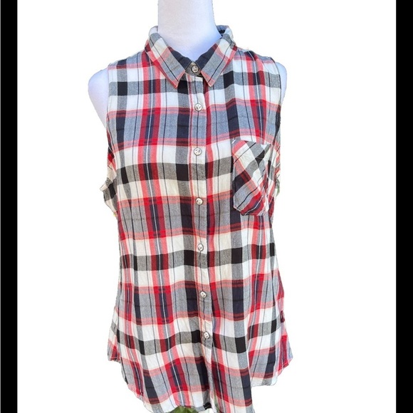 Shyanne Country Western Snap Front Sleeveless Red Black White Plaid Top L - Picture 1 of 10